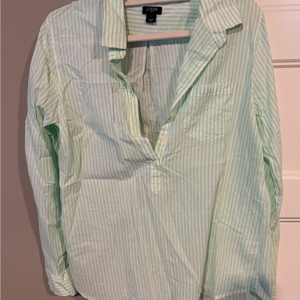 J. Crew Mint and White Striped Popover Blouse
